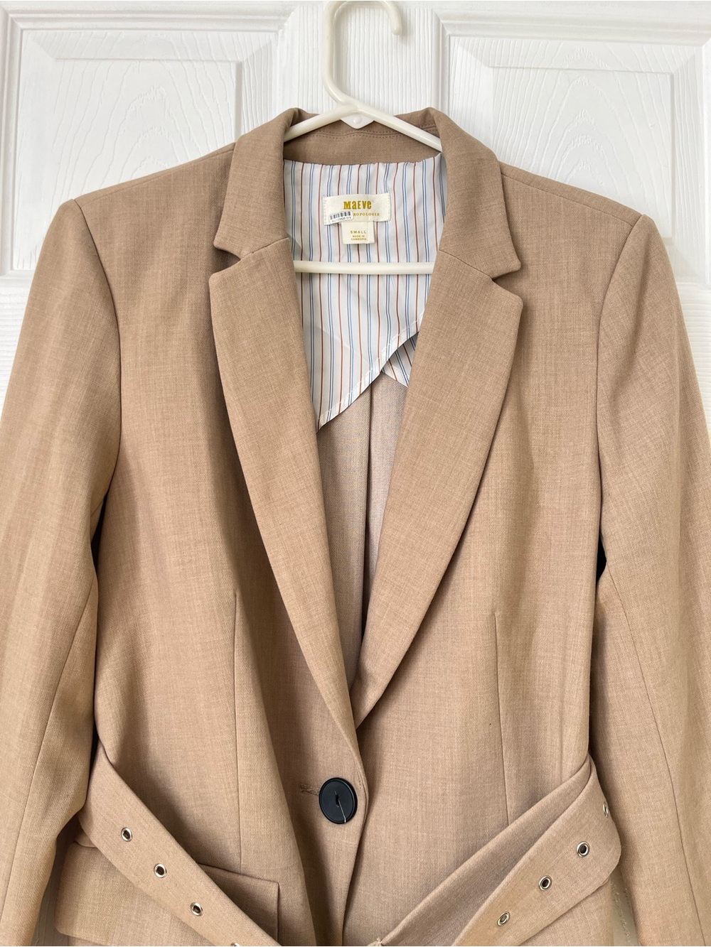 Anthropologie Maeve Tan Neutral Pleated Back belted Blazer Size S - Picture 5 of 12